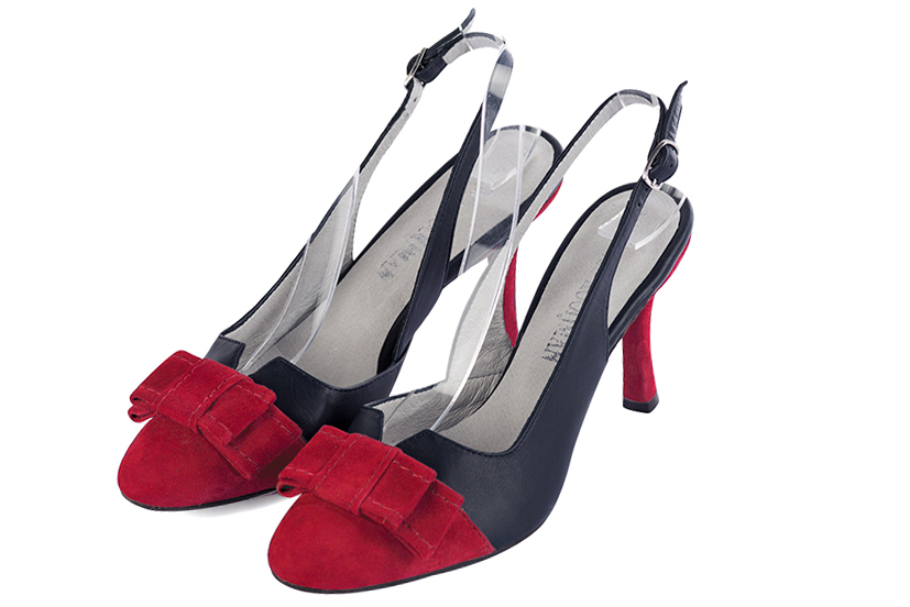 Cardinal red and navy blue women's open back shoes, with a knot. Round toe. High slim heel. Front view - Florence KOOIJMAN